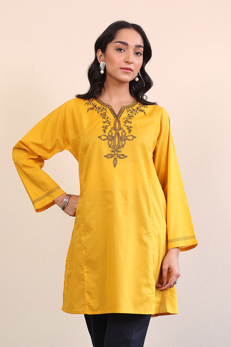 Generation - Gul Meena Embroidered Kurta - Mustard Black - Lawn - 1 Piece