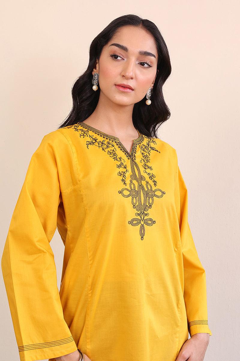 Generation - Gul Meena Embroidered Kurta - Mustard Black - Lawn - 1 Piece