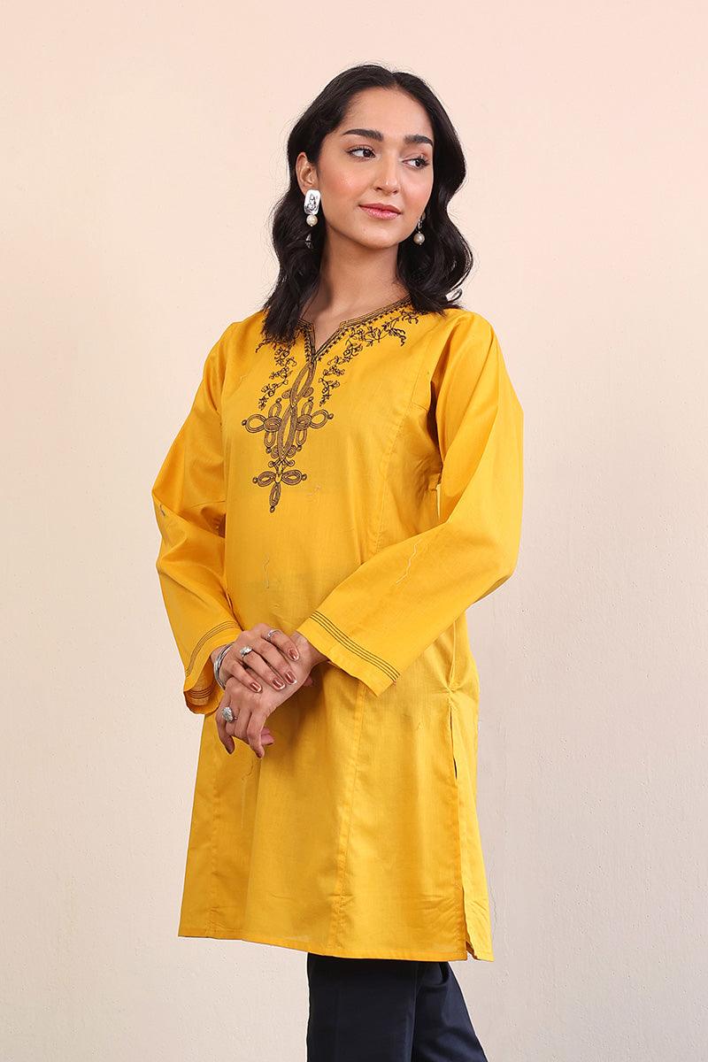 Generation - Gul Meena Embroidered Kurta - Mustard Black - Lawn - 1 Piece