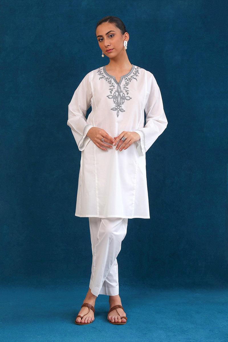 Generation - Gul Meena Phool Kurti - Black White - Lawn - 1 Piece