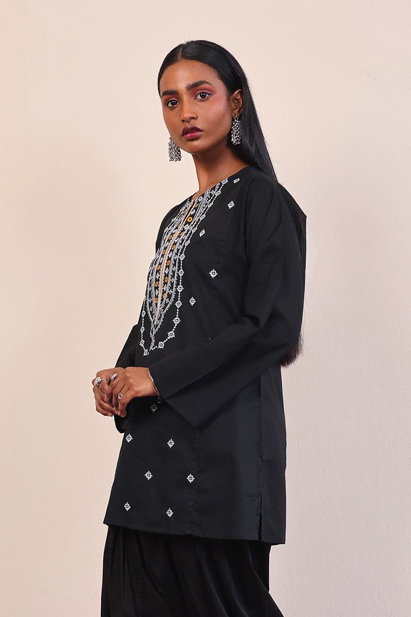 Generation - Gul Meena Geometric Kurti - Black White - Lawn - 1 Piece