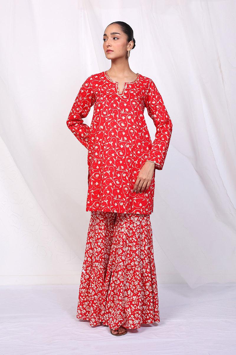 Generation - Mother Of Pearls Gharara Set - Red - Lawn - 2 Piece