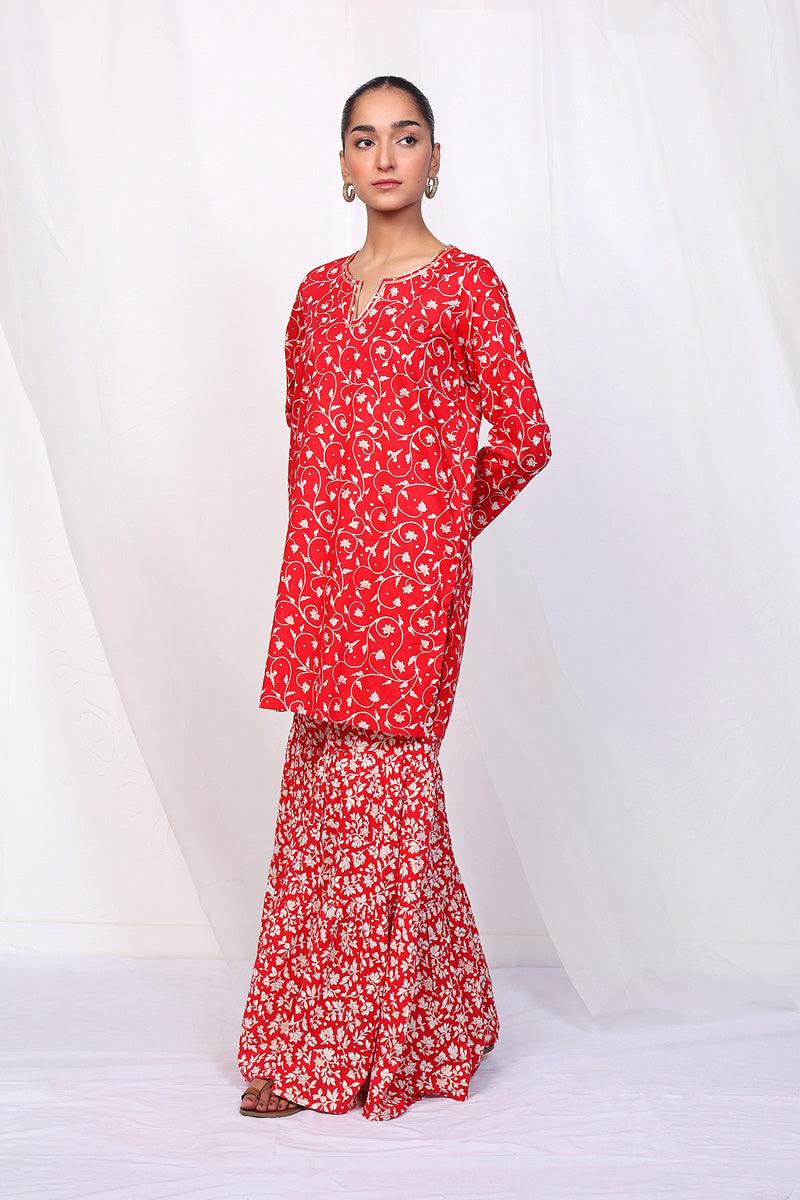 Generation - Mother Of Pearls Gharara Set - Red - Lawn - 2 Piece