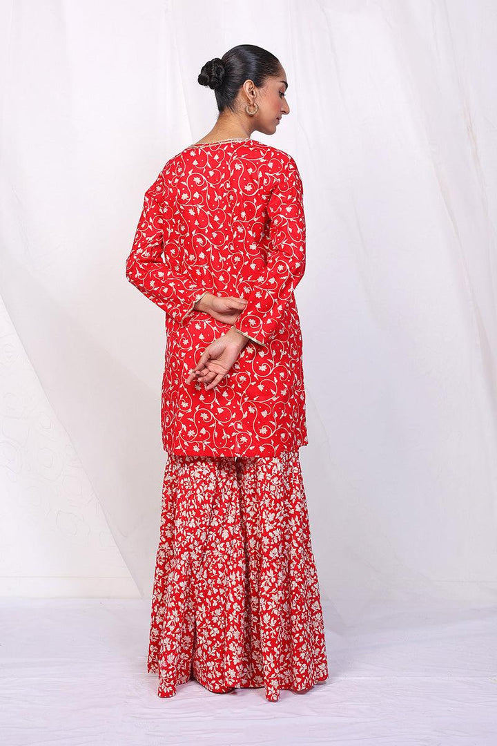 Generation - Mother Of Pearls Gharara Set - Red - Lawn - 2 Piece