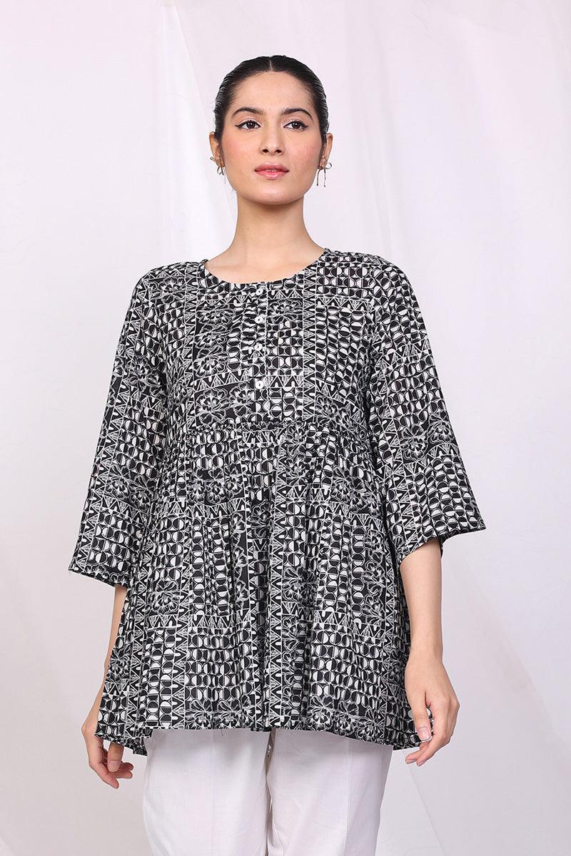 Generation - Linocut Peplum Top - Black - Lawn - 1 Piece