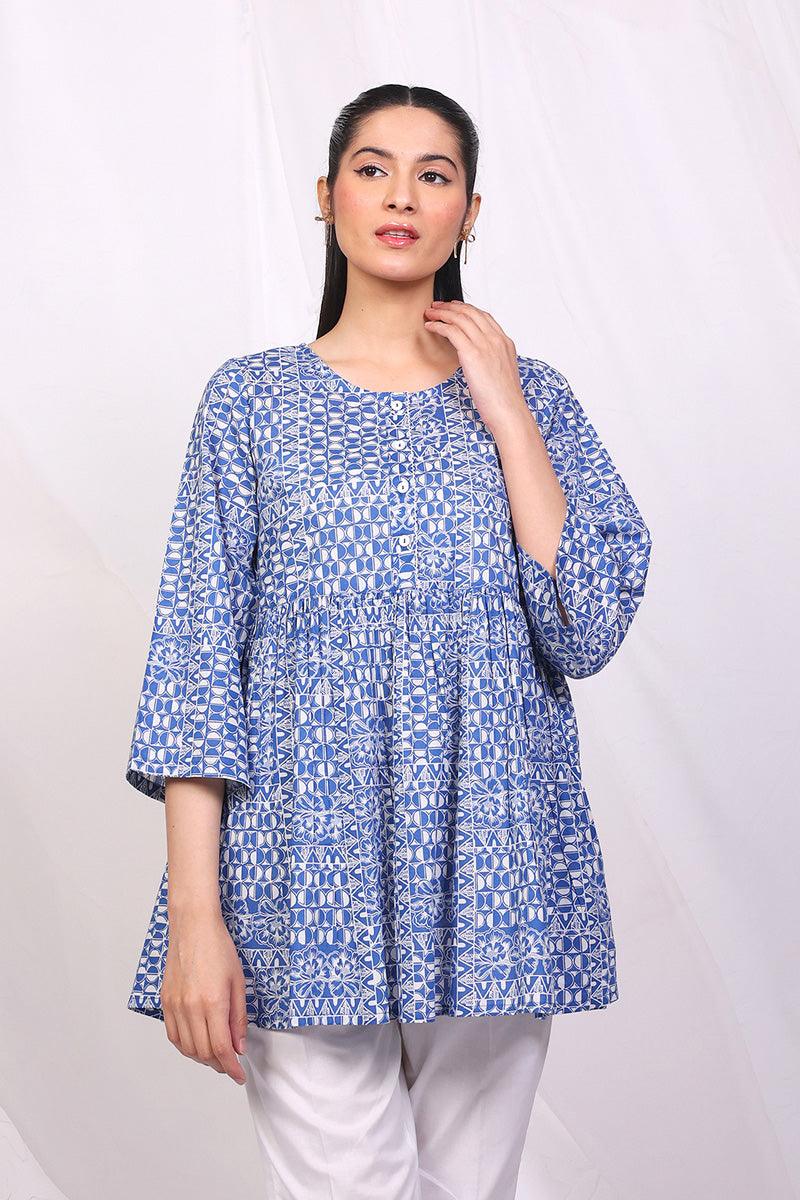 Generation - Linocut Peplum Top - Blue - Lawn - 1 Piece