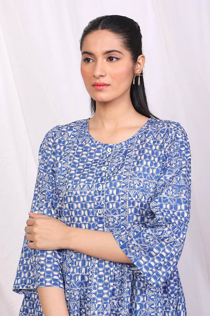 Generation - Linocut Peplum Top - Blue - Lawn - 1 Piece