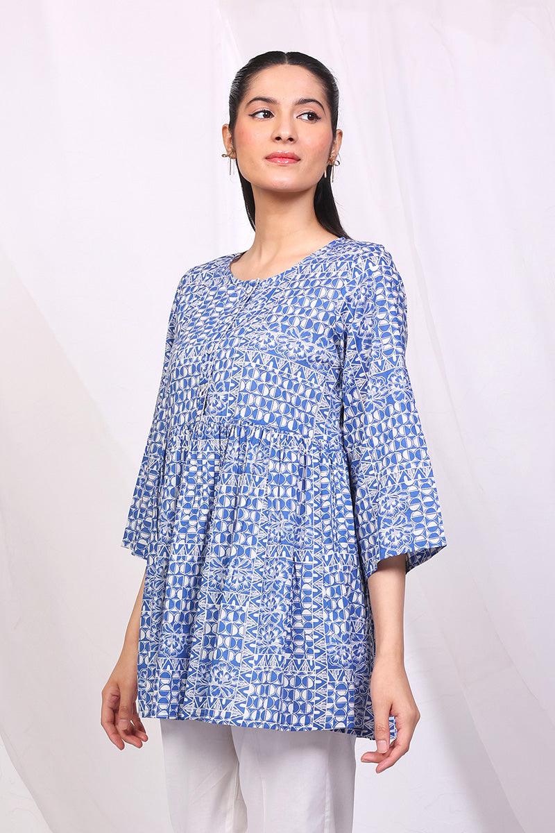 Generation - Linocut Peplum Top - Blue - Lawn - 1 Piece