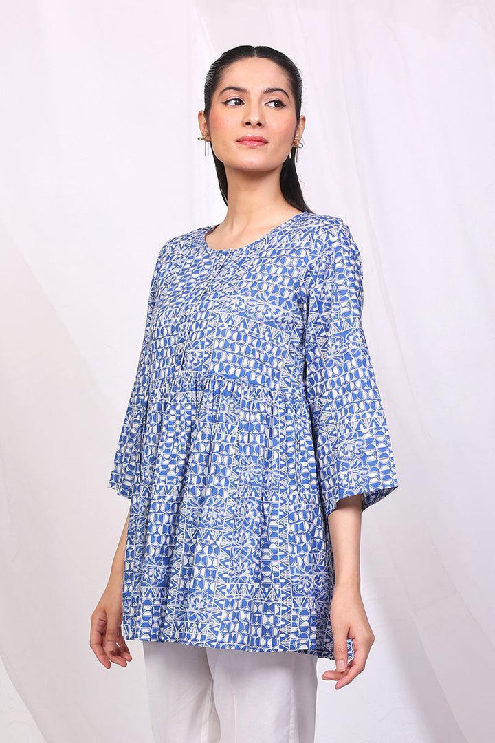Generation - Linocut Peplum Top - Blue - Lawn - 1 Piece