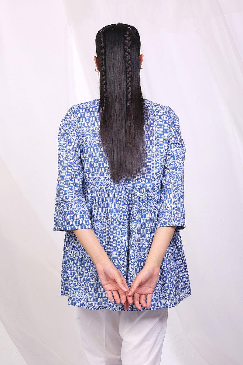 Generation - Linocut Peplum Top - Blue - Lawn - 1 Piece