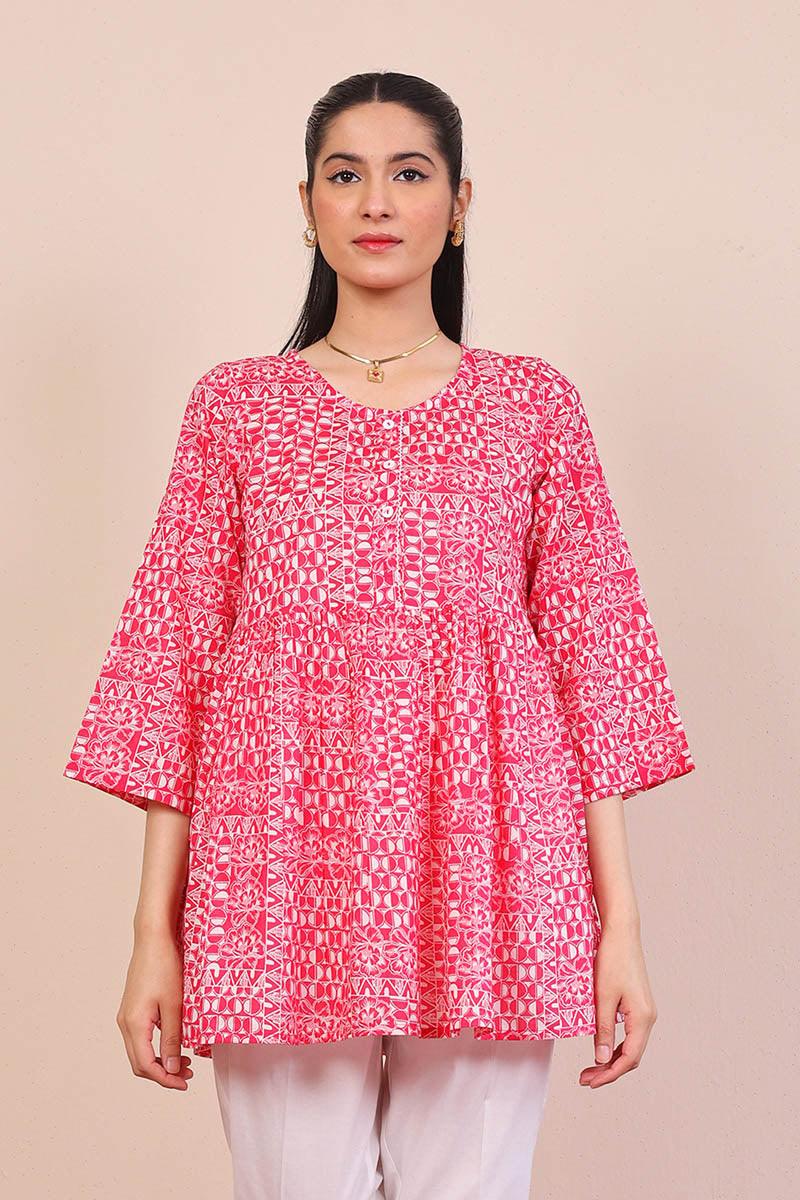 Generation - Linocut Peplum Top - Pink - Lawn - 1 Piece