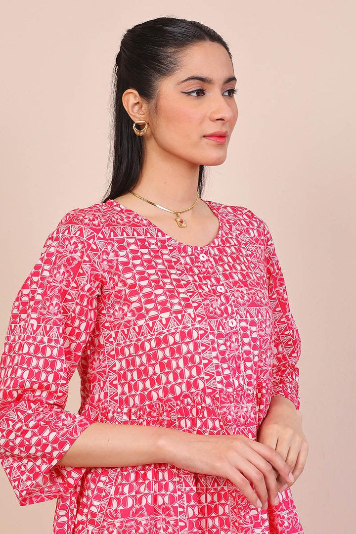 Generation - Linocut Peplum Top - Pink - Lawn - 1 Piece