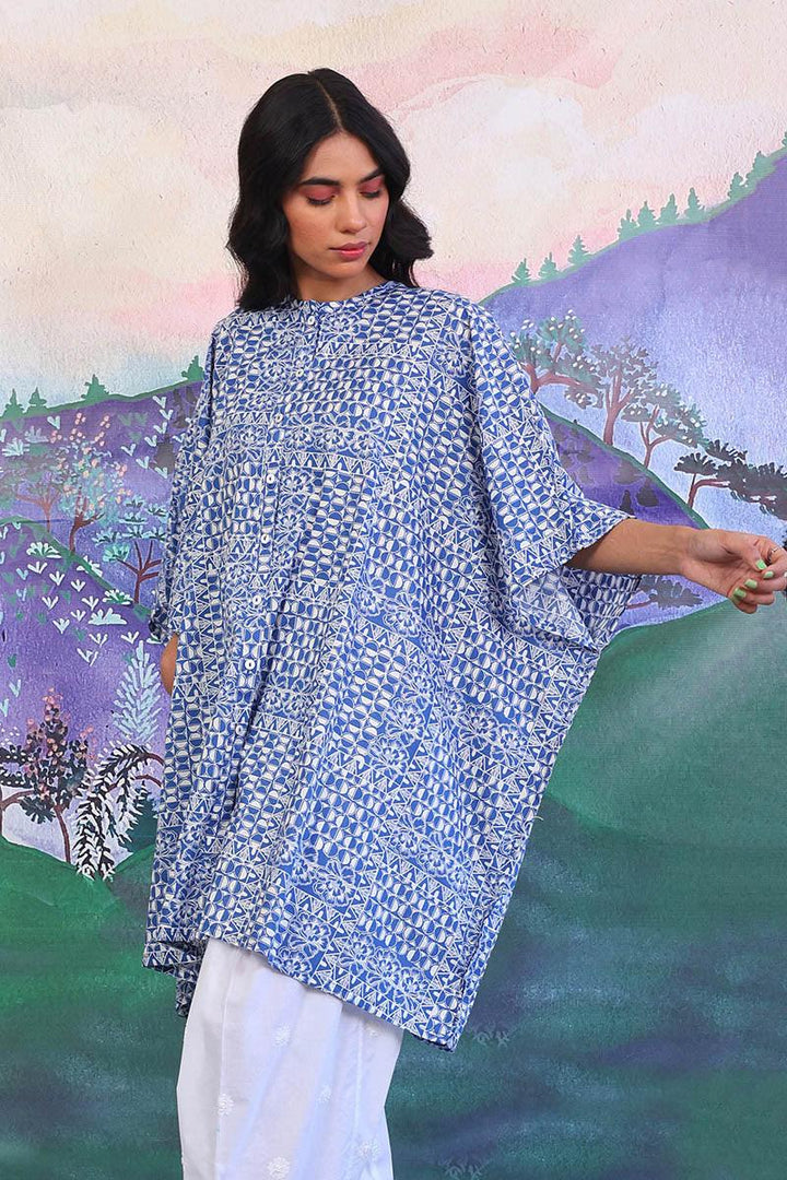 Generation - Linocut Kaftaan - Blue - Lawn - 1 Piece