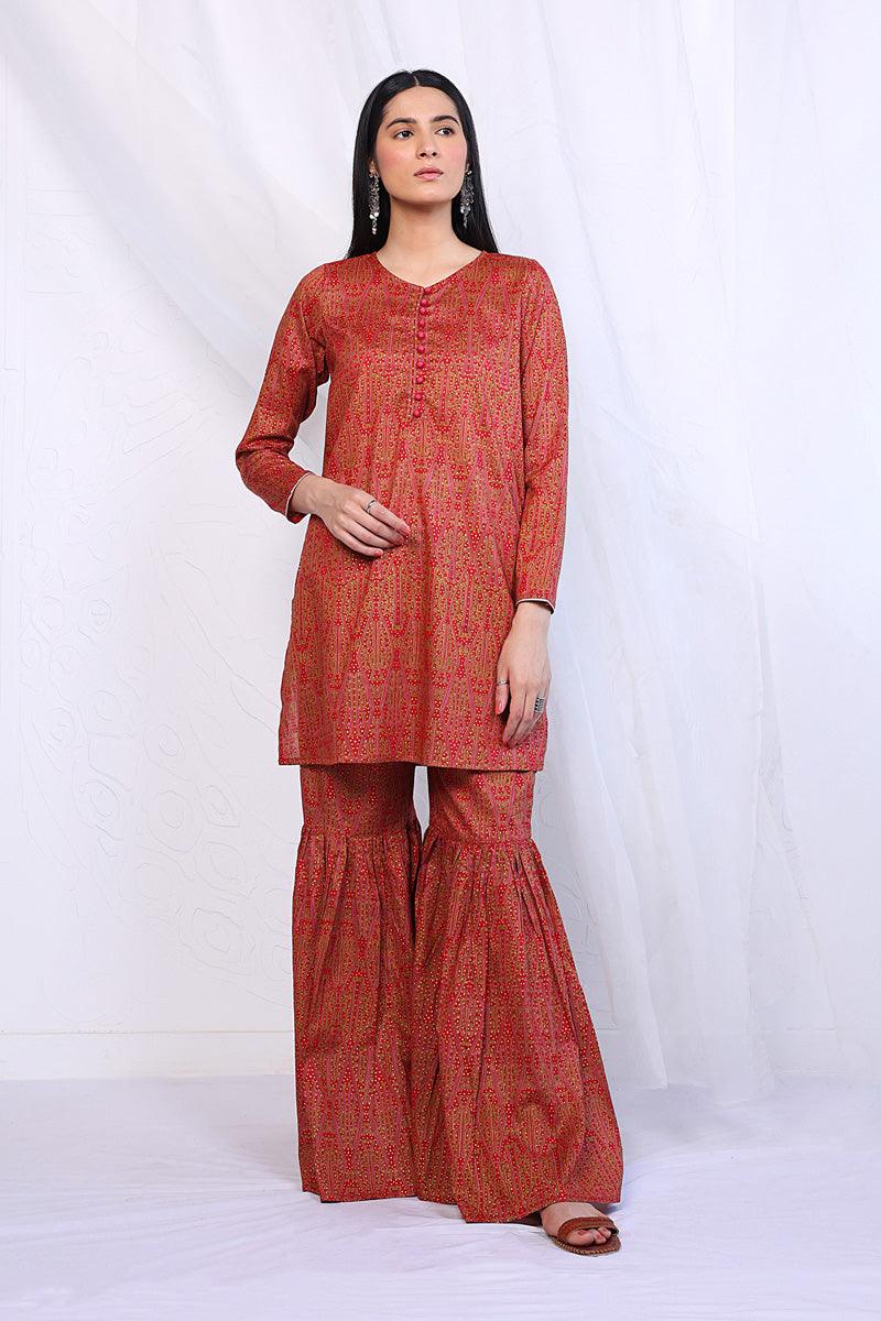 Generation - 2- Piece Sumba Gharara Set - Red - Lawn