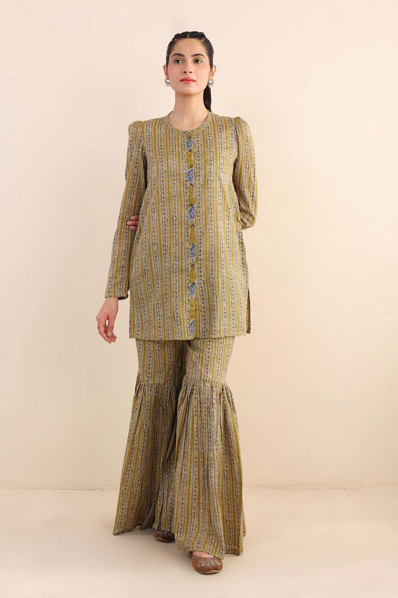 Generartion - Ajrak Block Gharara Set - 2 Piece - Olive Green - Lawn