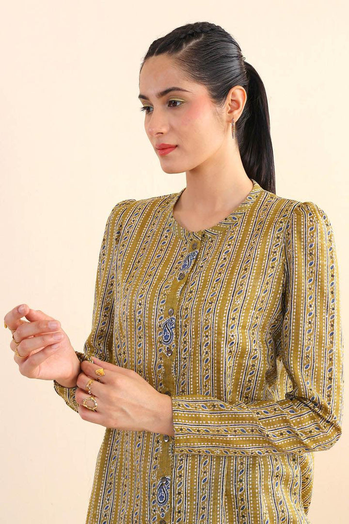 Generartion - Ajrak Block Gharara Set - 2 Piece - Olive Green - Lawn
