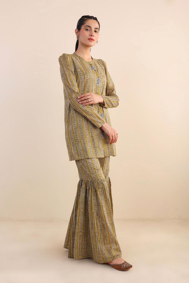 Generartion - Ajrak Block Gharara Set - 2 Piece - Olive Green - Lawn