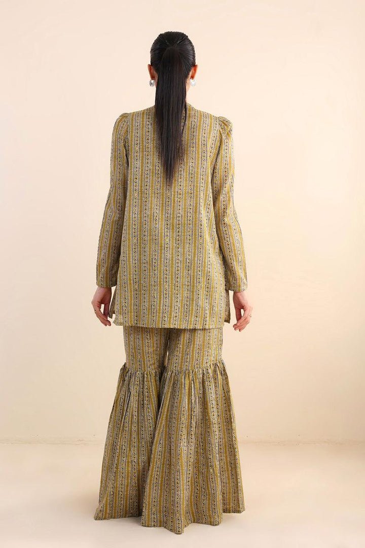 Generartion - Ajrak Block Gharara Set - 2 Piece - Olive Green - Lawn