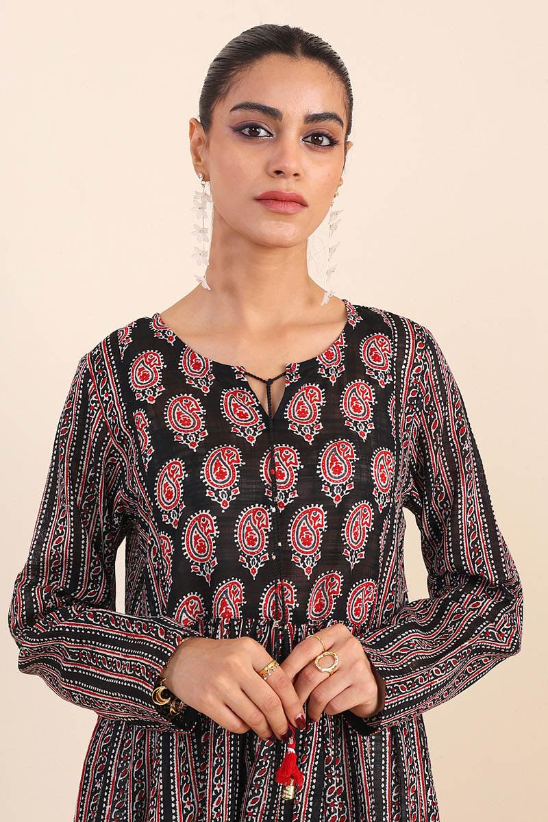 Generartion - Ajrak Block Dress - 1 Piece - Black - Lawn
