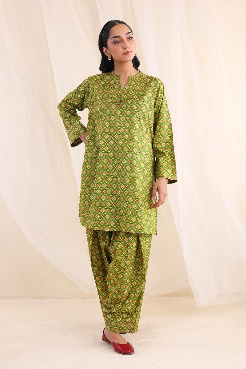 Generartion - Polki Shalwar Kameez Set - 2 Piece - Green - Lawn