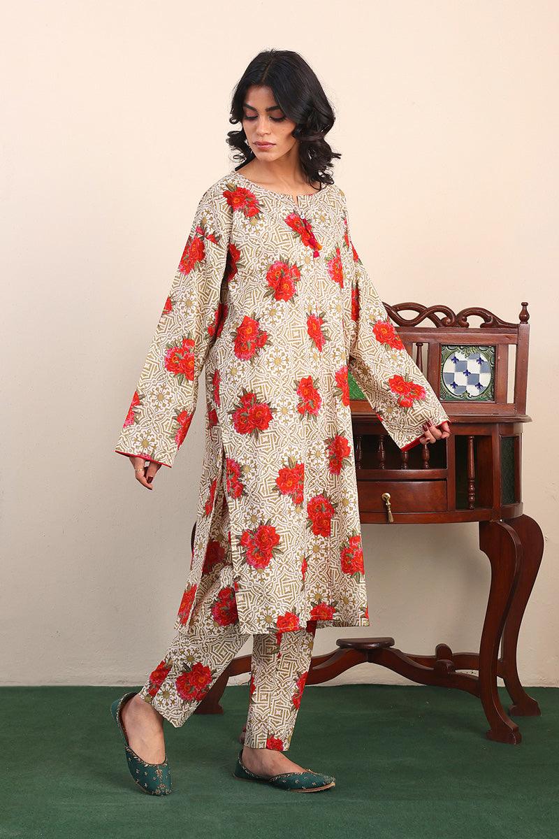 Generartion - Tilework Kameez Shalwar Set - 2 Piece - Olive Green - Lawn