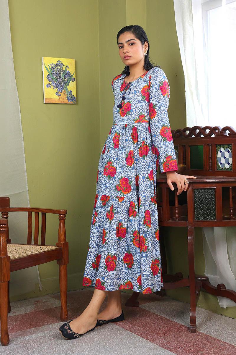 Generation - Tilework Tiered Dress - Cotton - Blue - 1 Piece