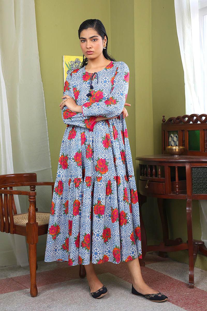Generation - Tilework Tiered Dress - Cotton - Blue - 1 Piece