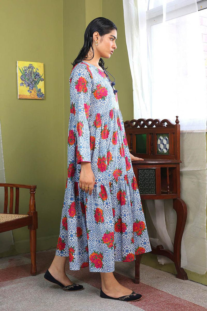 Generation - Tilework Tiered Dress - Cotton - Blue - 1 Piece