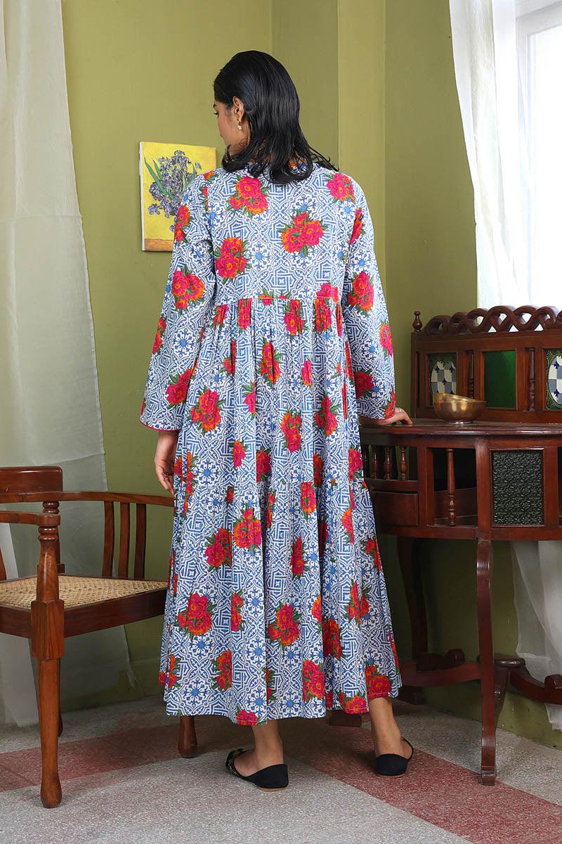 Generation - Tilework Tiered Dress - Cotton - Blue - 1 Piece