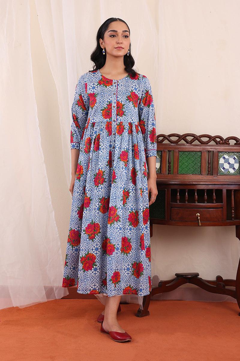 Generartion - Tilework Tiered Dress - 1 Piece - Blue - Lawn