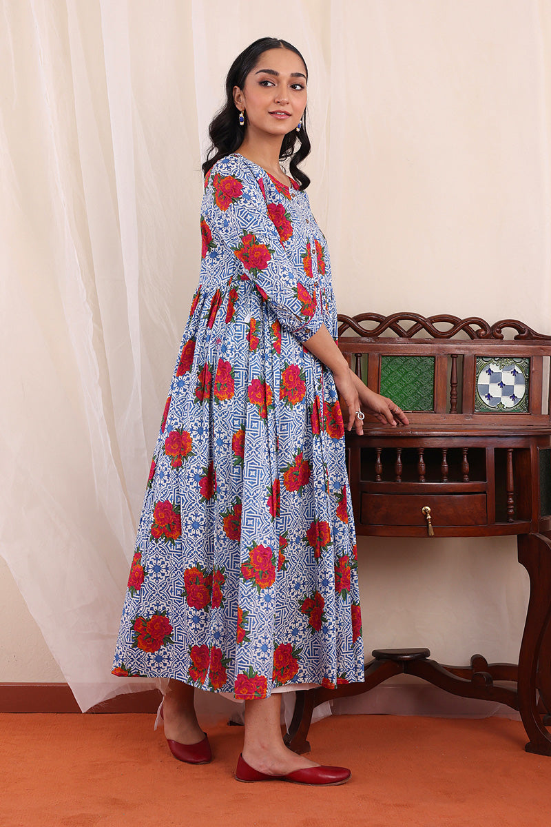 Generartion - Tilework Tiered Dress - 1 Piece - Blue - Lawn
