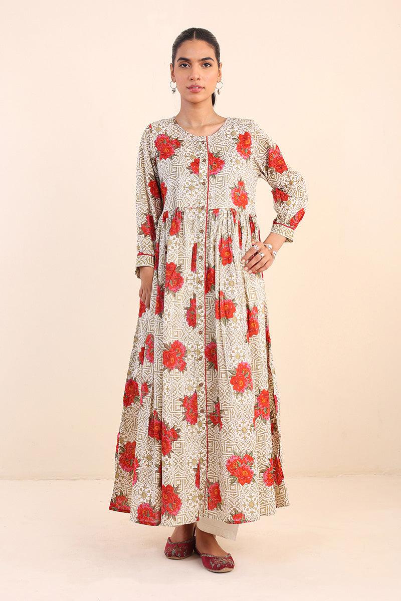 Generartion - Tilework Flared Dress - 1 Piece - Olive Green - Lawn