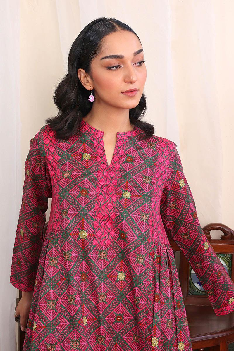Generartion - Phulkari Flared Set - 1 Piece - Green - Lawn