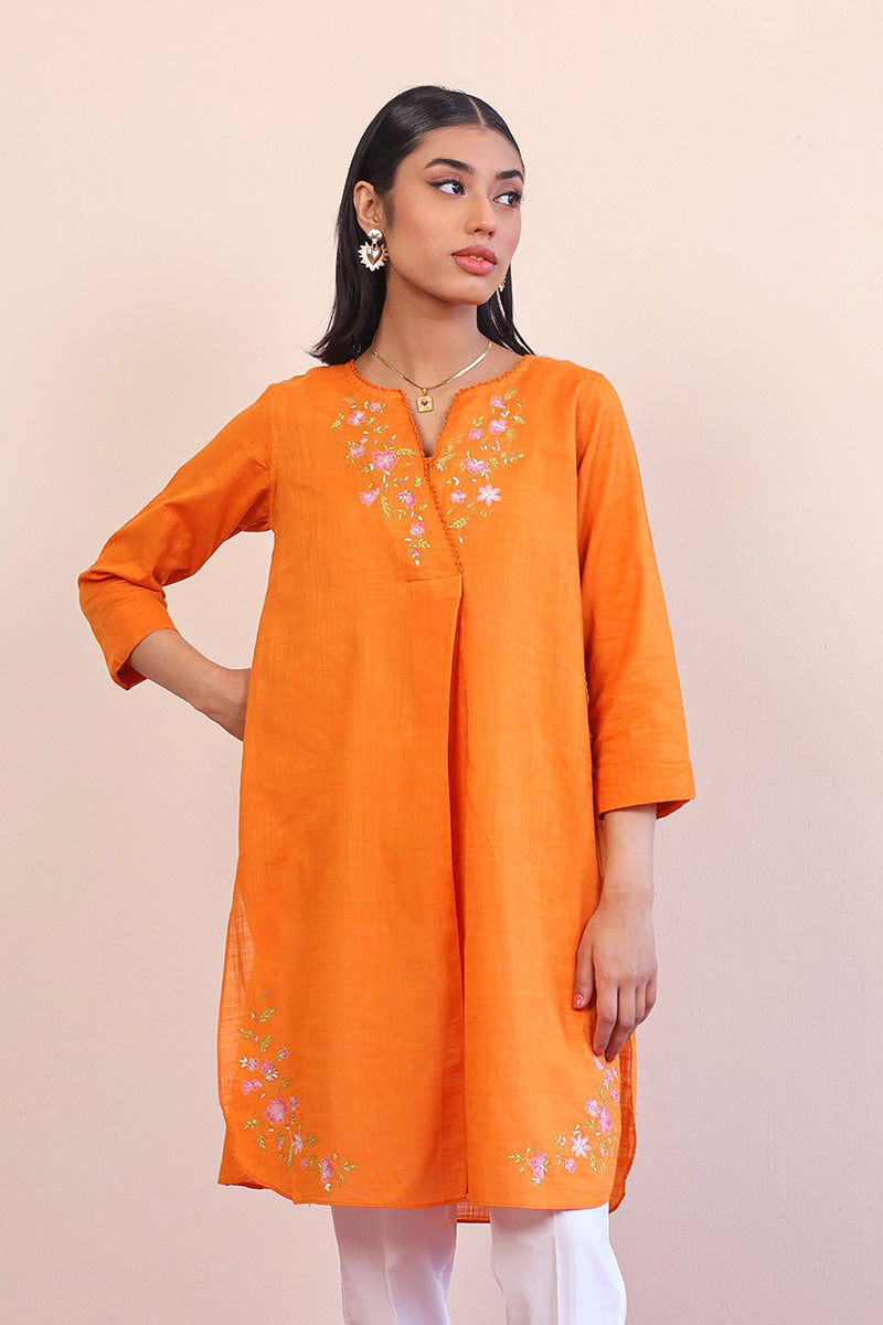 Generation - Sunehri Phool Embroidered Kurti - Orange - Lawn - 1 Piece