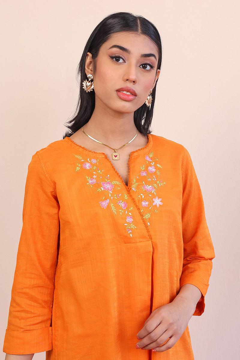 Generation - Sunehri Phool Embroidered Kurti - Orange - Lawn - 1 Piece