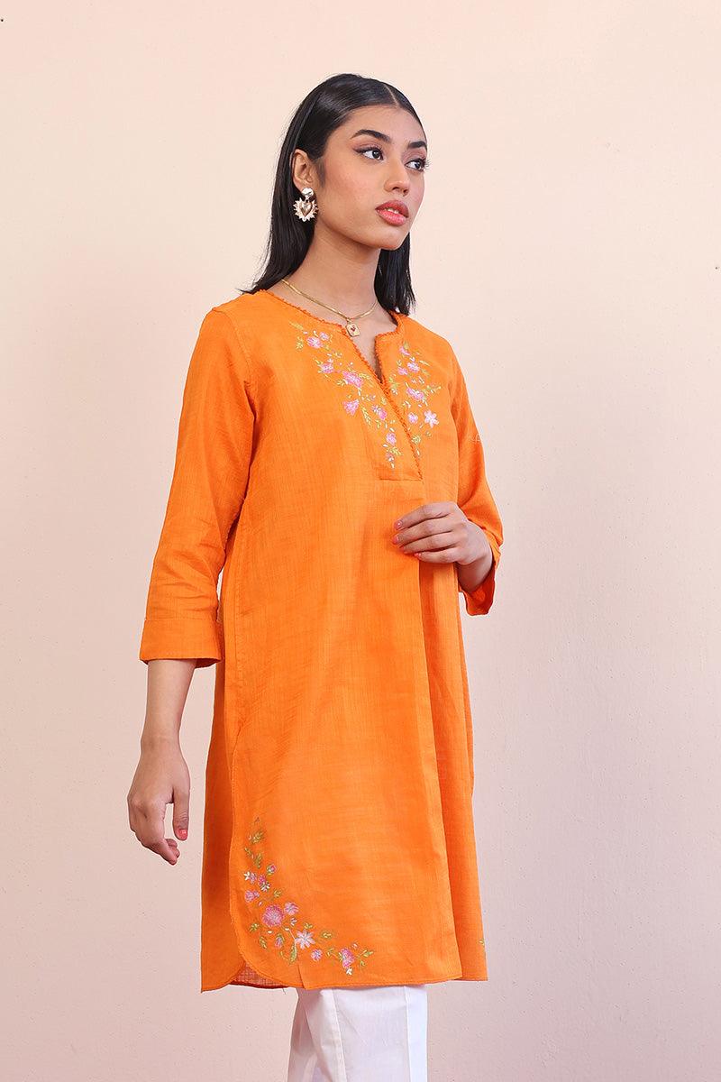 Generation - Sunehri Phool Embroidered Kurti - Orange - Lawn - 1 Piece