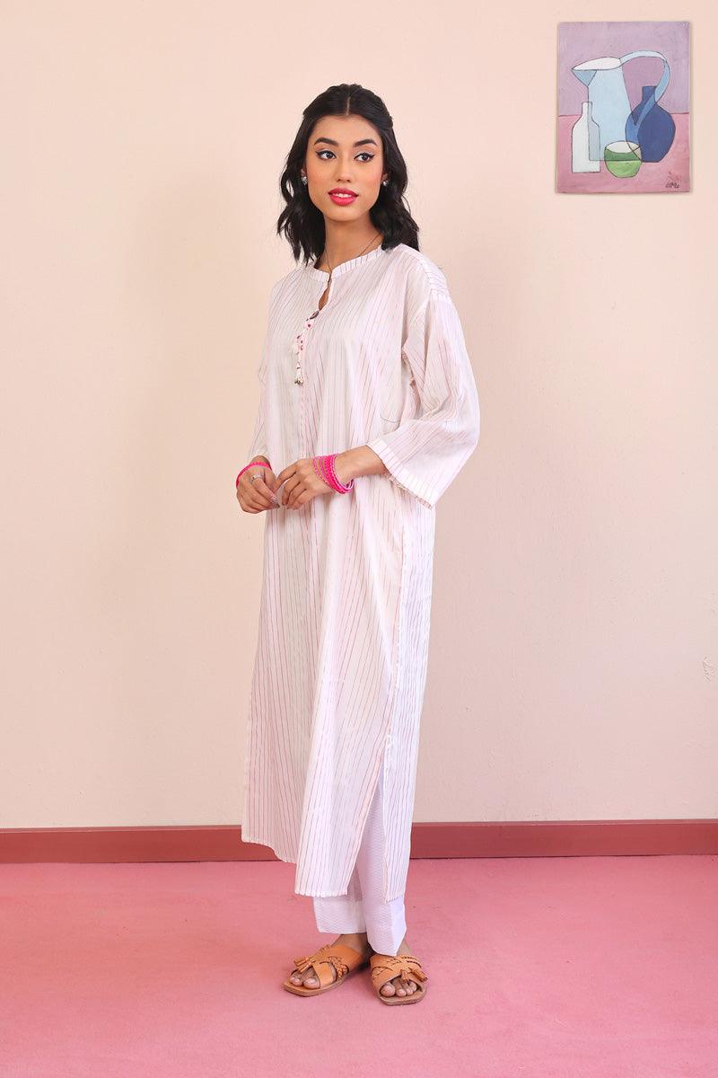 Generation - Peacock Boxy Kurta - White - Lawn - 1 Piece