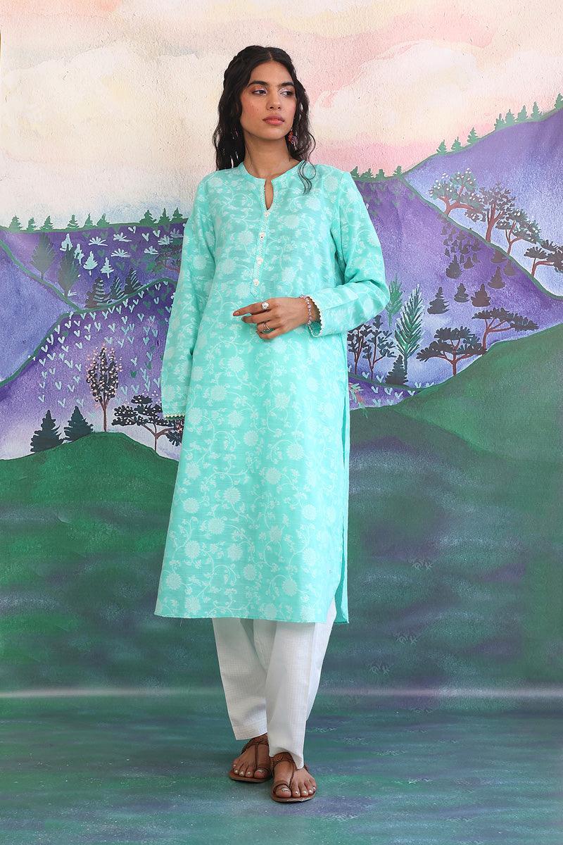 Generation - Breezy Blues SeaFoam Kurta - Red - Jacquard - 1 Piece