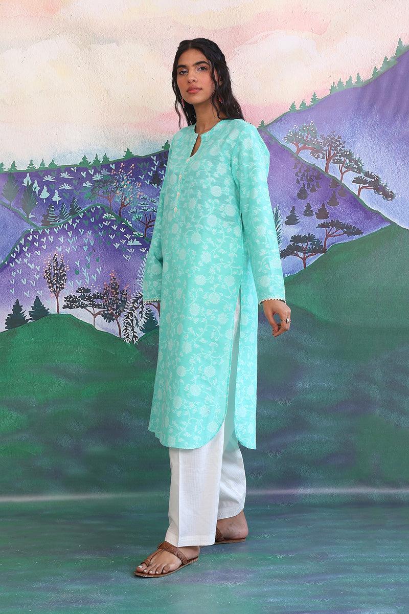 Generation - Breezy Blues SeaFoam Kurta - Red - Jacquard - 1 Piece