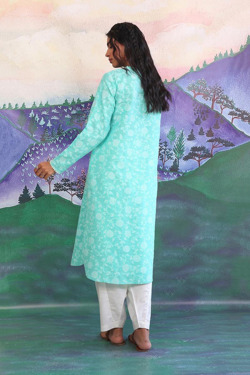 Generation - Breezy Blues SeaFoam Kurta - Red - Jacquard - 1 Piece