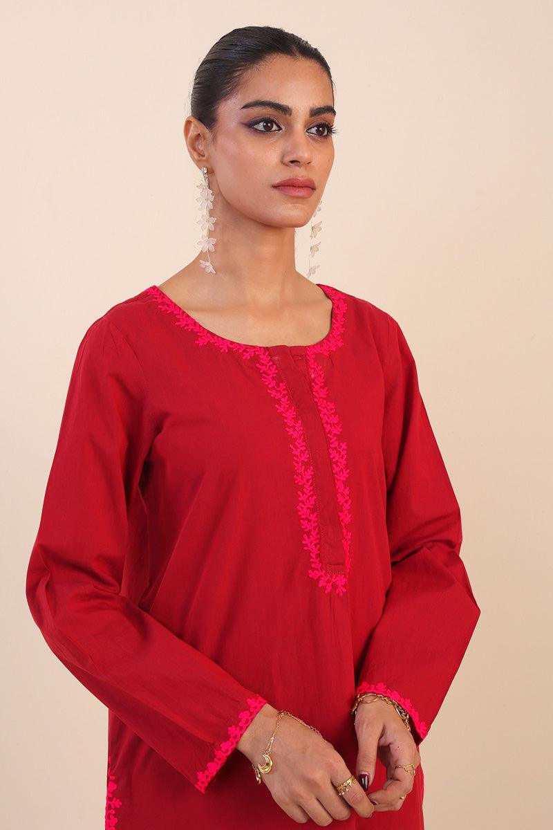 Generation - Peacock Embroidered Set - Red - Lawn - 2 Piece