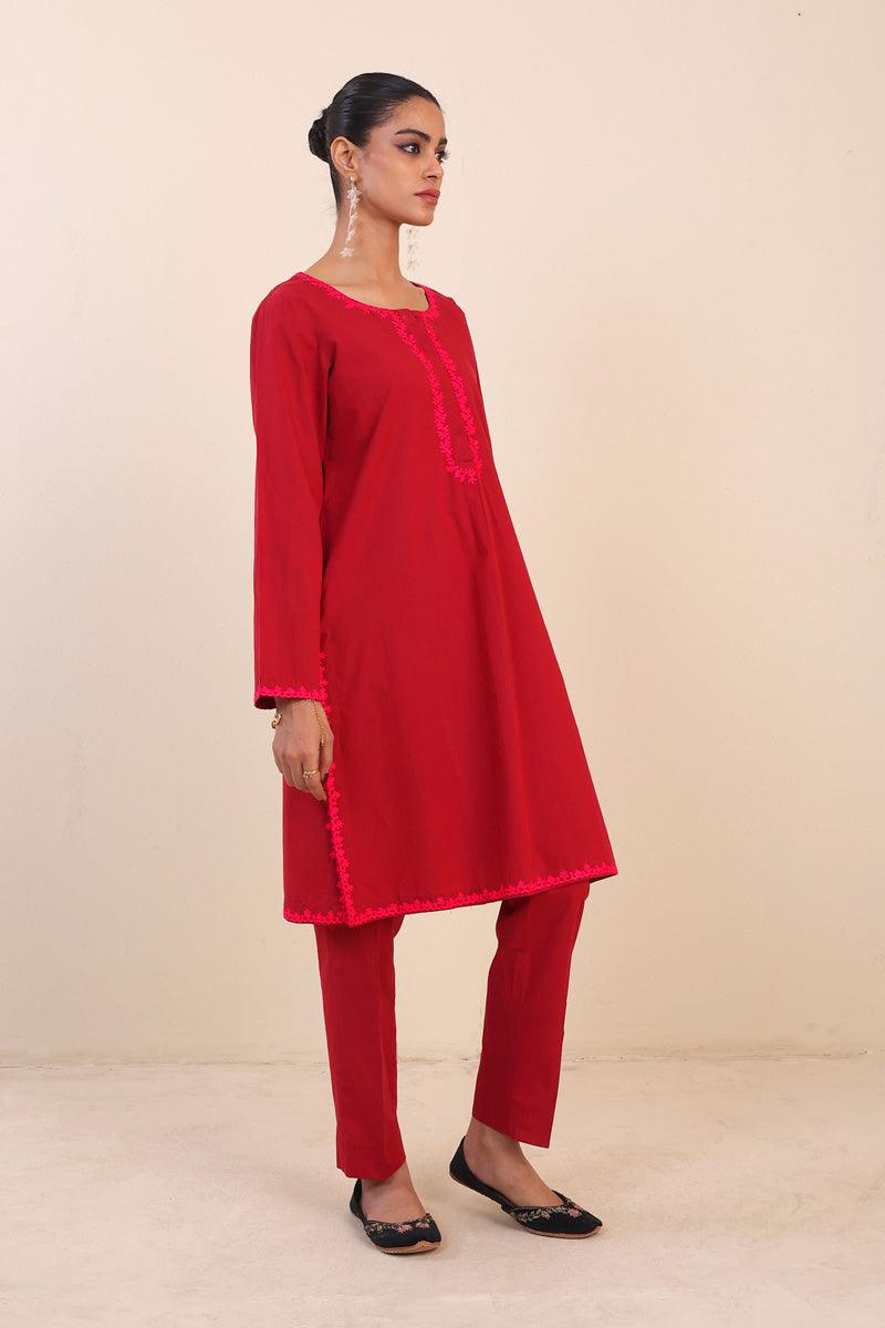 Generation - Peacock Embroidered Set - Red - Lawn - 2 Piece