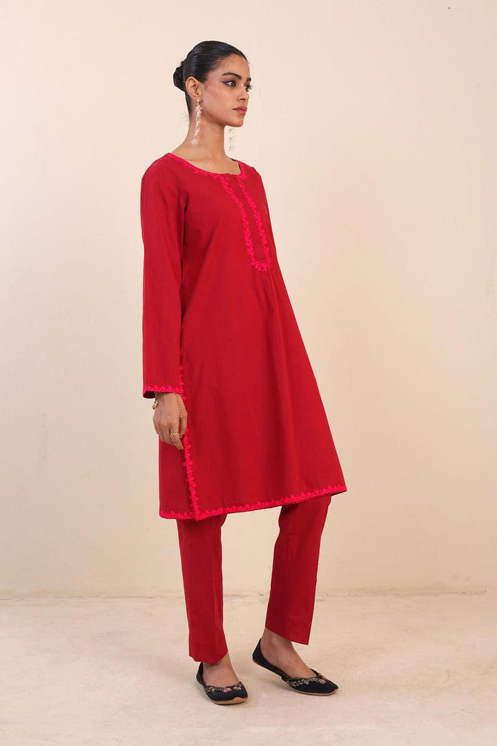 Generation - Peacock Embroidered Set - Red - Lawn - 2 Piece