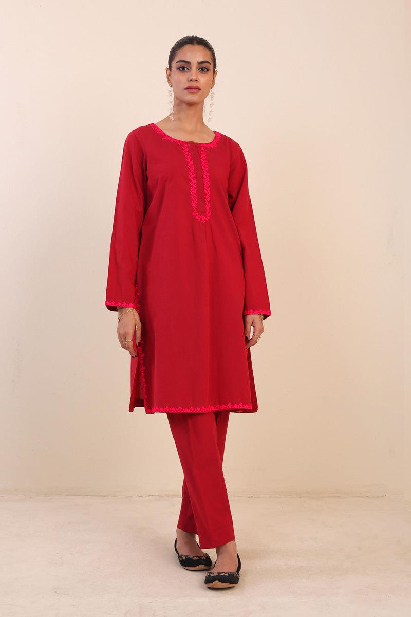 Generation - Peacock Embroidered Set - Red - Lawn - 2 Piece