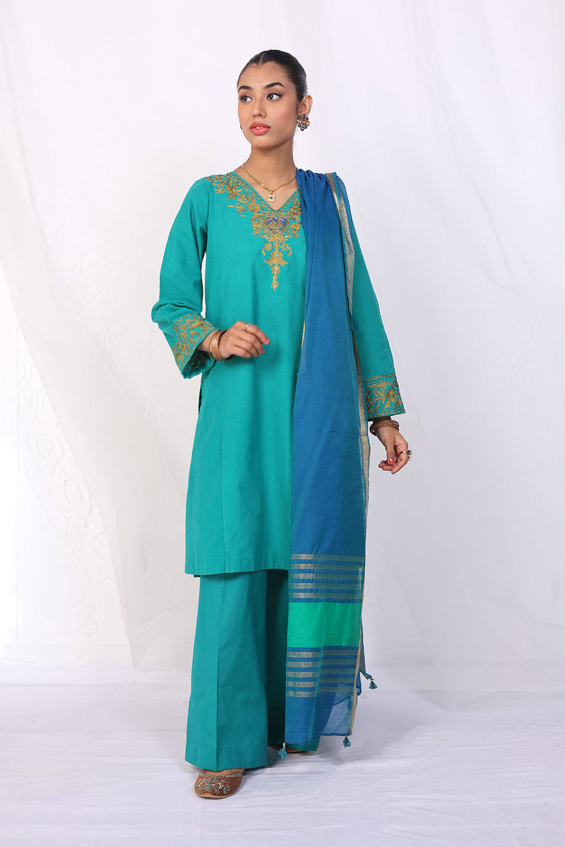 Generation - Aik Rang Asmani Suit - Green - Cotton - 3 Piece