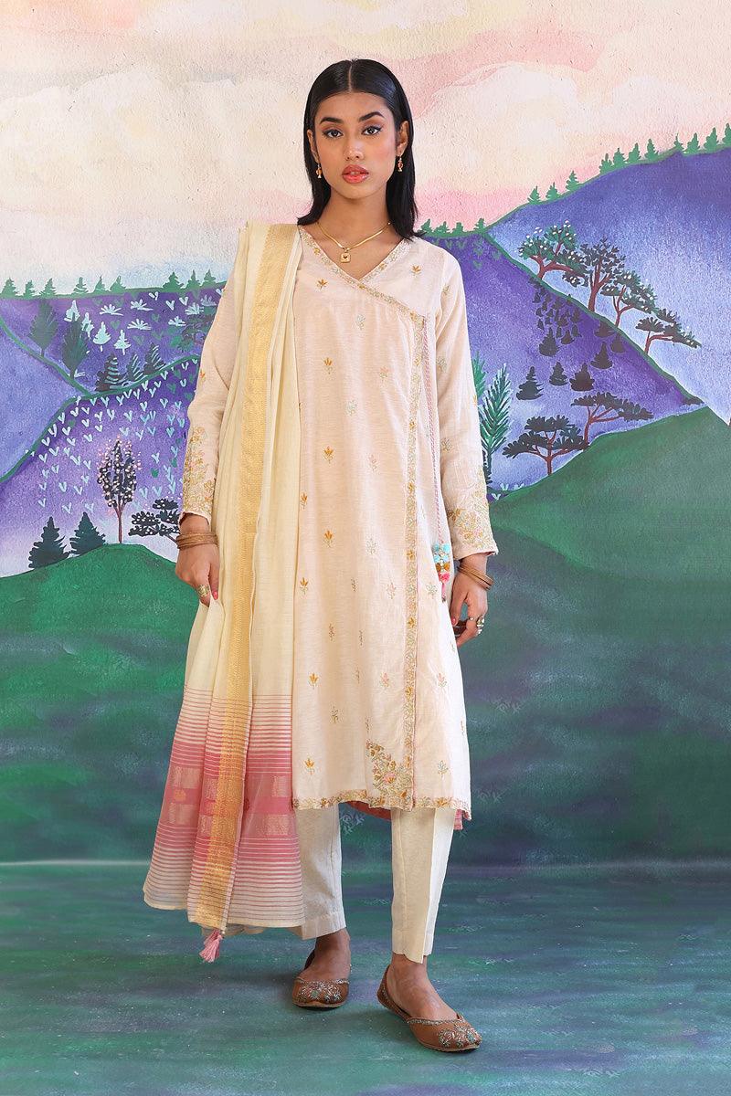 Generation - Aik Rang Angrakha Suit - Off White - Cotton - 3 Piece