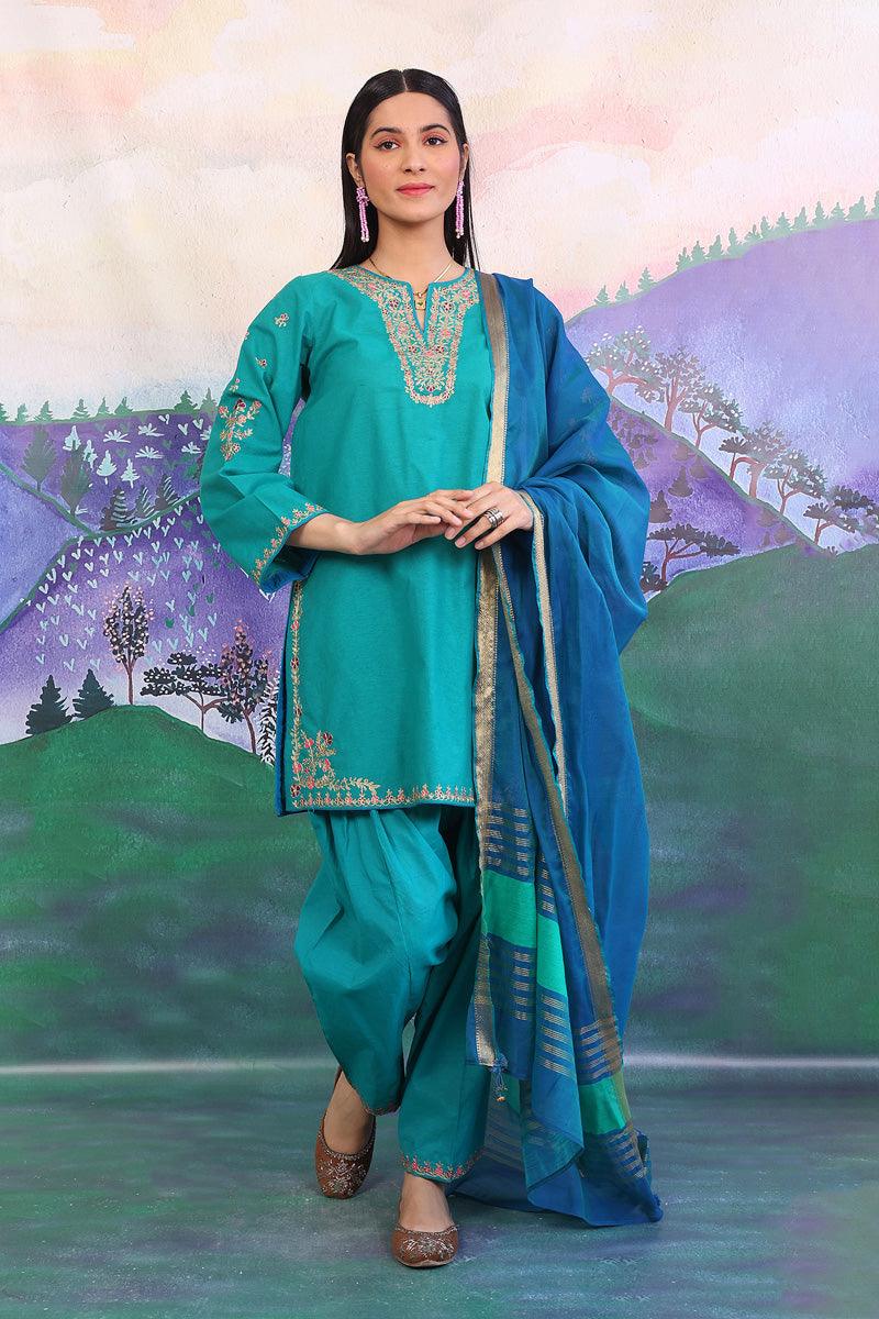 Generation - Aik Rang Embroidered Suit - Green - Karandi - 3 Piece