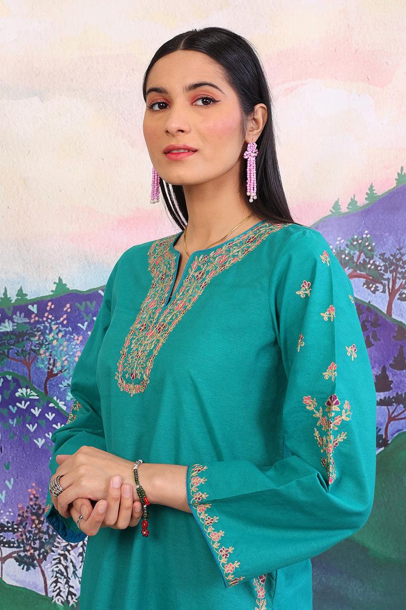 Generation - Aik Rang Embroidered Suit - Green - Karandi - 3 Piece