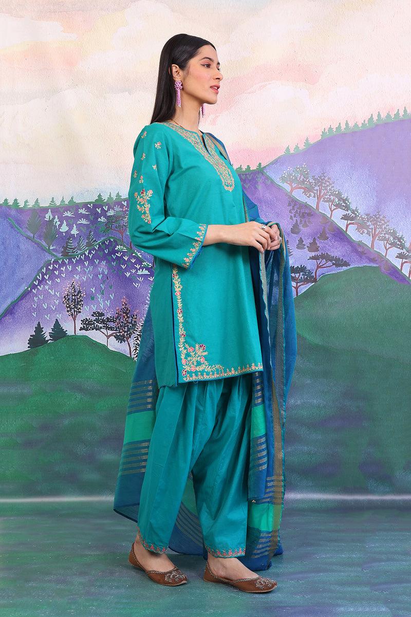 Generation - Aik Rang Embroidered Suit - Green - Karandi - 3 Piece