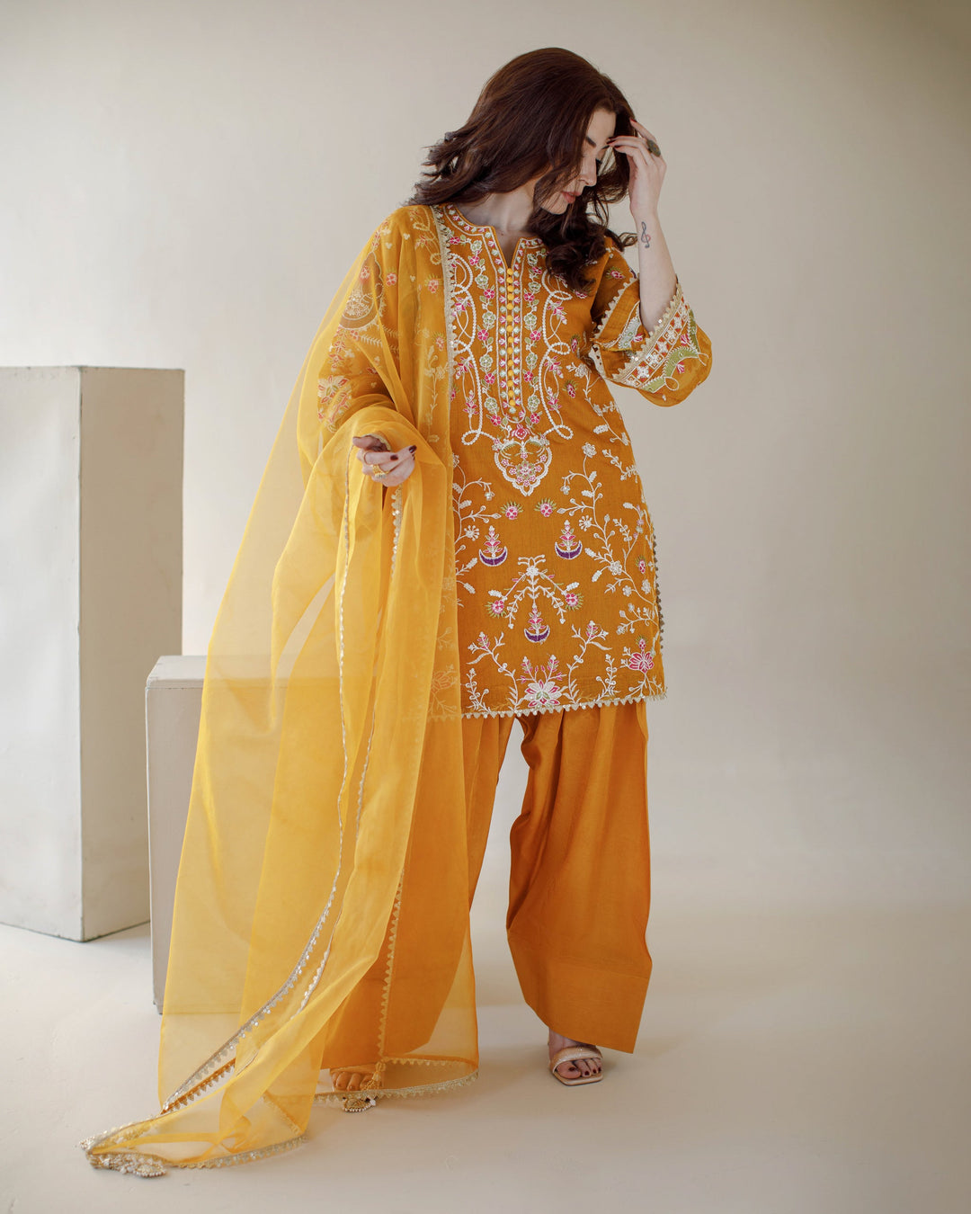 Ombrella - Sunshine Mustard Khaadi Net Suit For Women - 3 Piece